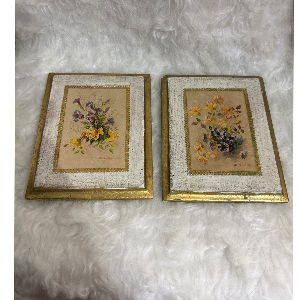 B Rinaldi Italian Wood Plaque Set Floral Gold Gilt White Distressed Italy Fair